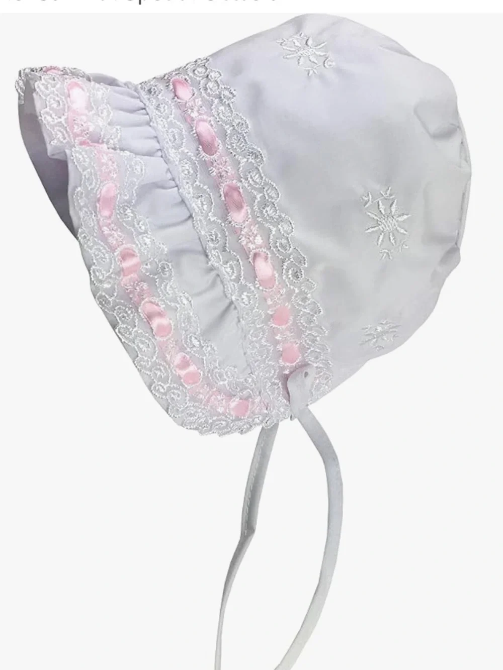 White Baby Bonnet with Pink Ribbon Lace Trim